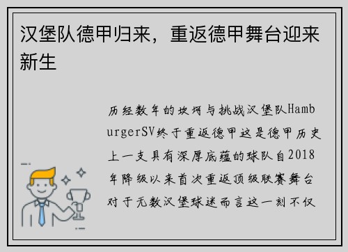 汉堡队德甲归来，重返德甲舞台迎来新生